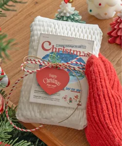 Weihnachtsgeschenk Verpackung Detail mit roter weißer Kordel und schönen Retro-Schildern.