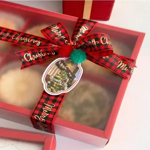 Detail view of red and black plaid Christmas ribbon and gift box decoration, festive touch.