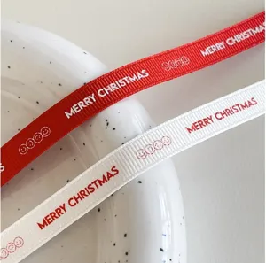 Christmas ribbon 1cm wide red white fabric gift wrapping DIY holiday decor detail view