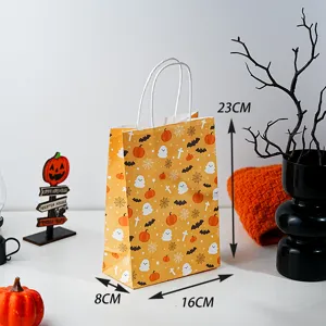 Halloween paper gift bag with cute pumpkin and ghost print, perfect for party favors and treats.