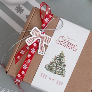 Dettaglio confezione regalo di Natale con nastro di fiocchi di neve e fascia di carta decorata.