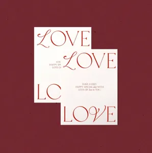 Valentine's Day love letter greeting card, square red typography design for floral packaging.