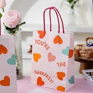 Sac Cadeau Romantique en Papier Couché Forme de Cœur Rose Avec Impression de Lettres Sweetest Sac de Transport pour Saint-Valentin Boulangerie Dessert Boîte Cadeau