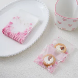 Pink cherry blossom frosted self-adhesive cookie packaging plastic bags for gifts 100pcs