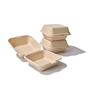Biodegradable disposable burger box, eco-friendly plant pulp clamshell food container detail.