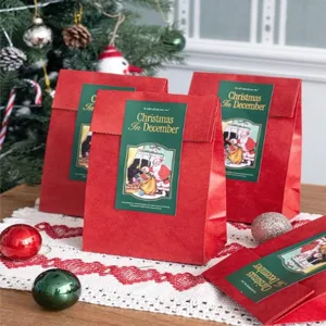 Bolsas de regalo de papel planas rojas y verdes de Navidad vista detallada etiqueta.