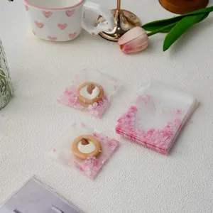 Frosted cherry blossom cookie bags, self-adhesive plastic candy packaging for gifts 100pcs