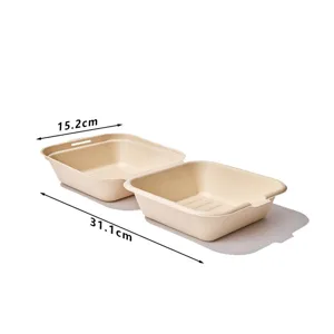 Disposable pulp burger box detail view, eco-friendly plant fiber container with clear dimensions.