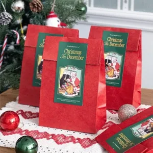 Bolsas de regalo de papel plano rojo y verde navideñas con pegatina festiva de Papá Noel.