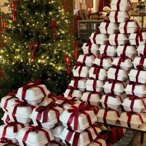 White paper pulp burger boxes with red ribbons stacked in Christmas tree shape for gift packaging.
