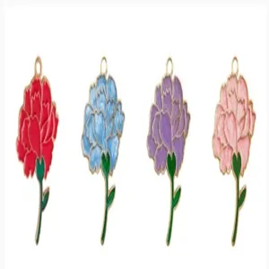Enamel carnation flower pendant charms for DIY jewelry making and gift box decoration details.