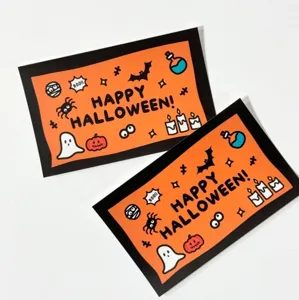 Halloween greeting cards set, rectangular holiday message cards with cute spooky designs.