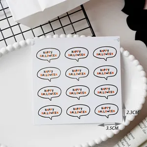 Detailed shot of Halloween speech bubble sticker sheet, featuring orange and black text design.