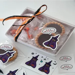 Halloween gift packaging stickers set, cute cartoon witch and speech bubble design for party.