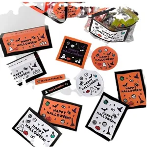 Halloween greeting cards and stickers set, various vertical and horizontal designs.