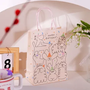 Ins style happy birthday gift paper bag with cute hand-drawn animal illustrations.