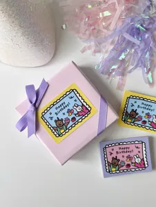 Stamp style birthday greeting cards set with cute cartoon bear and bunny design in pastel pink.