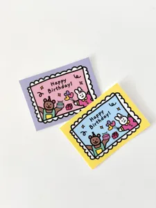 Cute stamp shaped birthday greeting cards featuring adorable cartoon bear and rabbit designs.