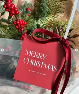 Gros plan de la carte de vœux de Noël rouge avec ruban en velours, branches et baies.