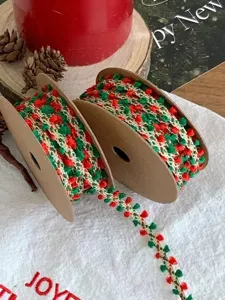 Christmas decorative ribbon red green pom pom trim for DIY gift wrapping and holiday crafts