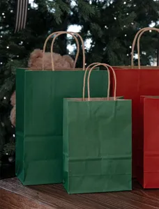 Sacchetti regalo natalizi in carta kraft rossa e verde con comodi manici per feste.