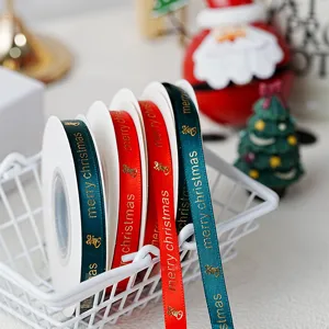 Christmas ribbon red green merry christmas foil printed bell design gift wrapping DIY craft 25y