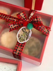 Red plaid Christmas gift wrapping ribbon with gold foil Merry Christmas text for candy boxes