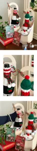 Christmas knitted wine bottle cover set with cute snowman and santa designs for holiday gifts.