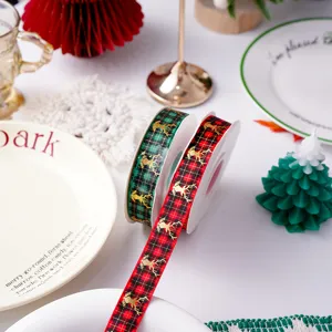 Christmas plaid ribbons with gold foil reindeer design, perfect for gift wrapping and DIY.