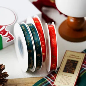Polyester Christmas Ribbon Hot Stamping Gold Bell Design Printed Decorative Ribbon Roll For Holiday Gift Wrapping Package