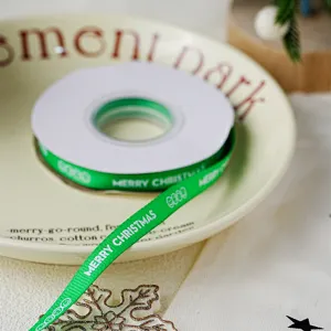 Christmas green ribbon 1cm wide printed merry christmas gift wrapping DIY craft decoration