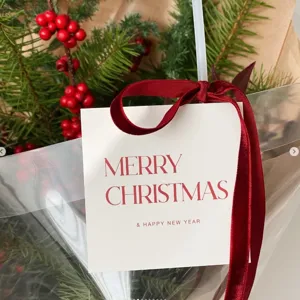 Carte de vœux de Noël étiquette cadeau avec ruban rouge décoration bouquet de fleurs