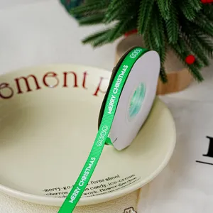 Green Christmas ribbon 1cm wide grosgrain ribbon MERRY CHRISTMAS printed gift wrapping strap