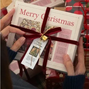 Christmas velvet ribbon gift box packaging set with decorative bell and festive print