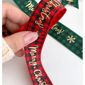 Christmas plaid ribbon gold stamped gift wrapping ribbon holiday party decoration 25mm wide