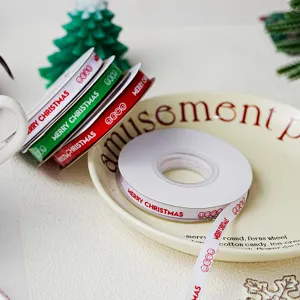 Christmas Polyester Ribbon Printed Merry Smiley Face Letter Grosgrain Ribbon For Gift Box Packaging DIY Craft Festive Decoration Ribbon