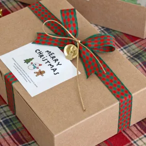 Christmas gift box packaging set with plaid ribbon gold cord and greeting tag for DIY crafts