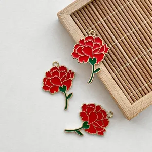 Enamel carnation charms red flower pendants for DIY jewelry making Mother's Day gift packaging.