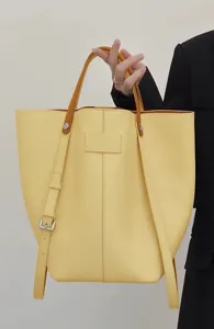 Yellow large capacity bucket bag women's minimalist leather tote shoulder bag chic.
