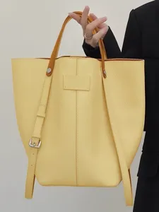 Women Large Capacity PU Leather Bucket Bag Casual Solid Color Stitching Shoulder Handbag Urban Minimalist Daily Tote