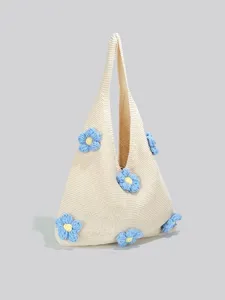Beige geflochtene Damentasche mit blauen Blumen, lässiger Strick Shopper für den Alltag und Job.