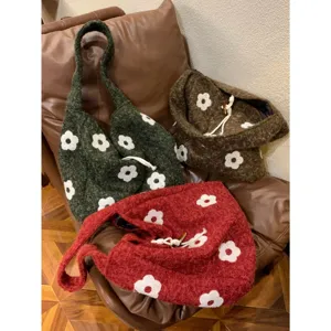 Korean autumn winter plush flower embroidered tote bag sweet niche large capacity shoulder handbag