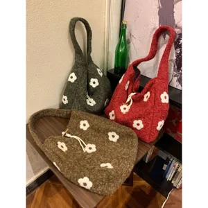 Korean winter plush flower embroidered tote bag, cute casual large capacity shoulder bag