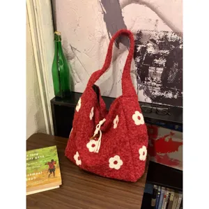 Korean style autumn winter plush flower embroidery tote bag sweet niche oversized shoulder bag