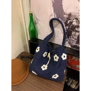 Cozy plush shoulder tote bag with cute white floral embroidery, soft winter daily handbag.