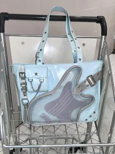 Große Kapazität PU Leder Tragetasche Damen Casual Pendler Schulter Handtasche Gitarre Form Transparentes Fenster Schmerz Tasche