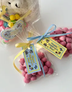 Cute cartoon tag candy gift bags with ribbons for children's day party and school students.