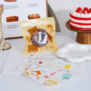Sachet d'emballage zippé transparent ours dessin animé détail, sachet de biscuits mignon.