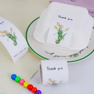 Minimalistische Geschenkverpackung Siegelaufkleber mit eleganter Tulpenillustration und Texten.