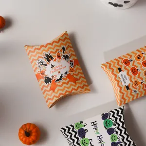 Halloween pillow candy boxes detail view, featuring wave patterns and festive pumpkin print.